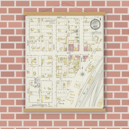 Old map wall art mockup — magnetic wood frame on brick wall — Sanborn Fire Insurance Map from Buda, Bureau County, Illinois (1894), Sheet #0001