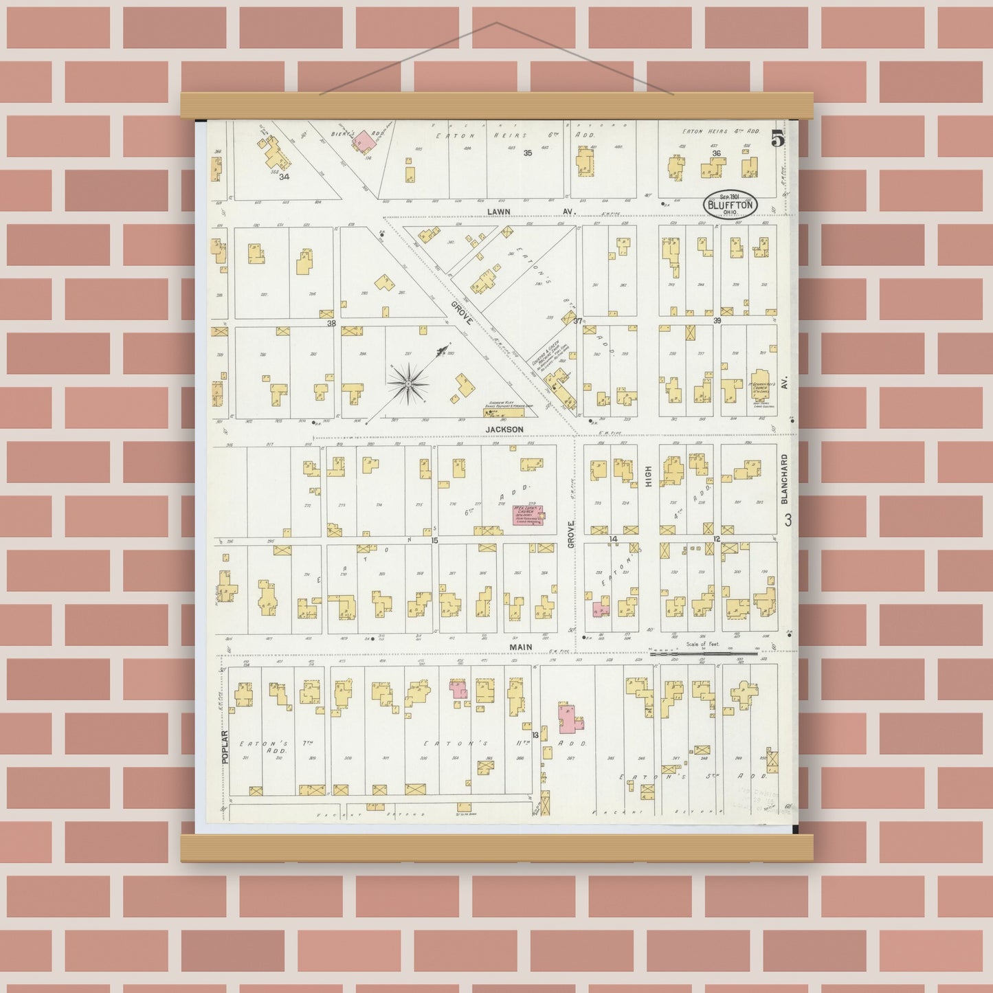 Old map wall art mockup — magnetic wood frame on brick wall — Sanborn Fire Insurance Map from Bluffton, Allen County, Ohio (1901), Sheet #0005