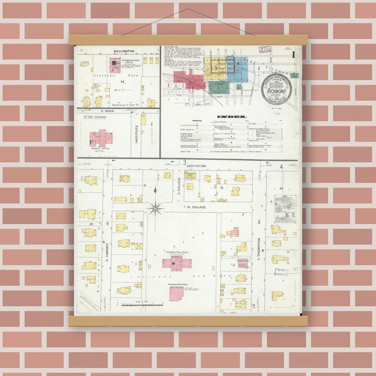 Old map wall art mockup — magnetic wood frame on brick wall — Sanborn Fire Insurance Map from Richmond, Ray County, Missouri (1909) - Complete Map Set