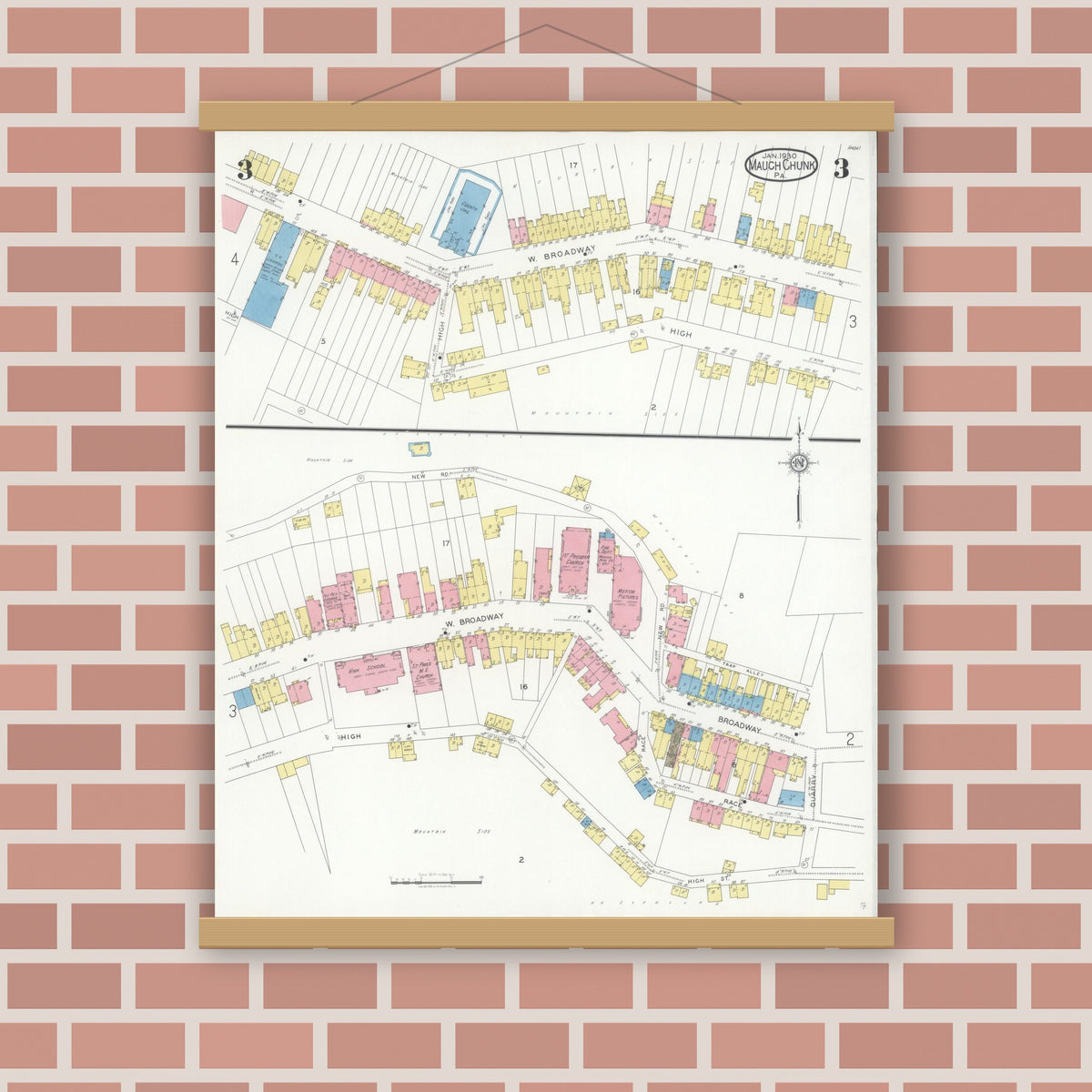 Old map wall art mockup — magnetic wood frame on brick wall — Sanborn Fire Insurance Map from Mauch Chunk, Carbon County, Pennsylvania (1930), Sheet #0003