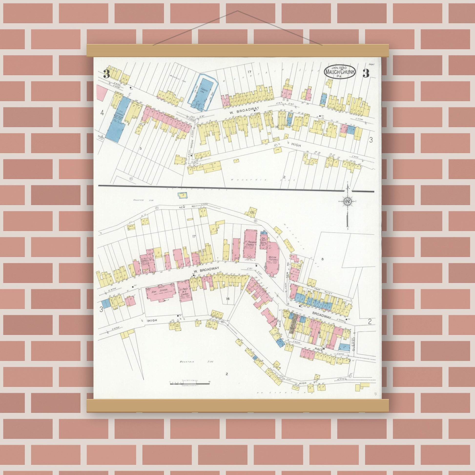 Old map wall art mockup — magnetic wood frame on brick wall — Sanborn Fire Insurance Map from Mauch Chunk, Carbon County, Pennsylvania (1930), Sheet #0003