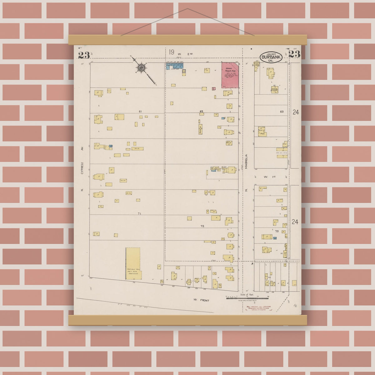 Old map wall art mockup — magnetic wood frame on brick wall — Sanborn Fire Insurance Map from Burbank, Los Angeles County, California (1923), Sheet #0023