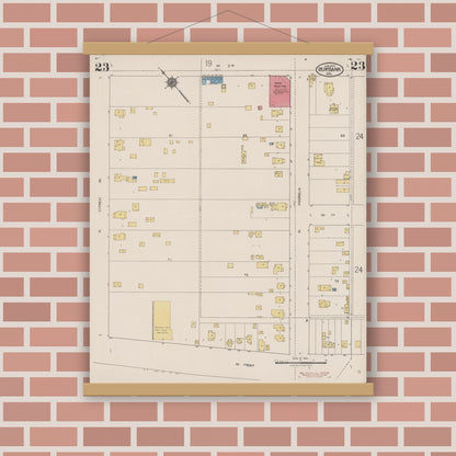 Old map wall art mockup — magnetic wood frame on brick wall — Sanborn Fire Insurance Map from Burbank, Los Angeles County, California (1923), Sheet #0023