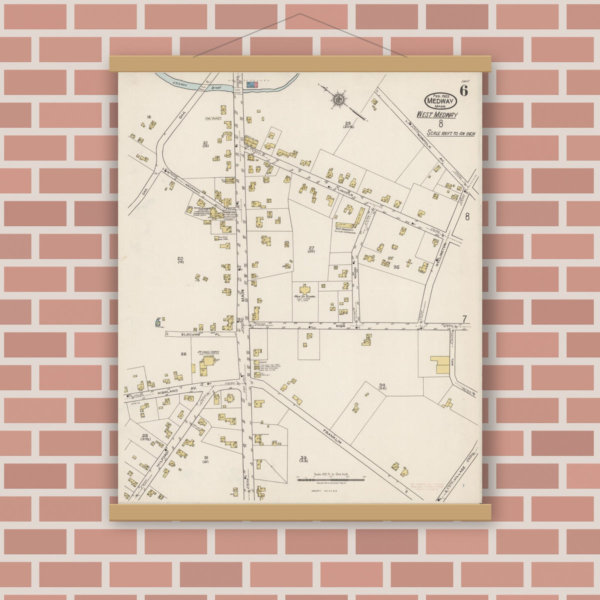 Old map wall art mockup — magnetic wood frame on brick wall — Sanborn Fire Insurance Map from Medway, Norfolk County, Massachusetts (1922), Sheet #0006