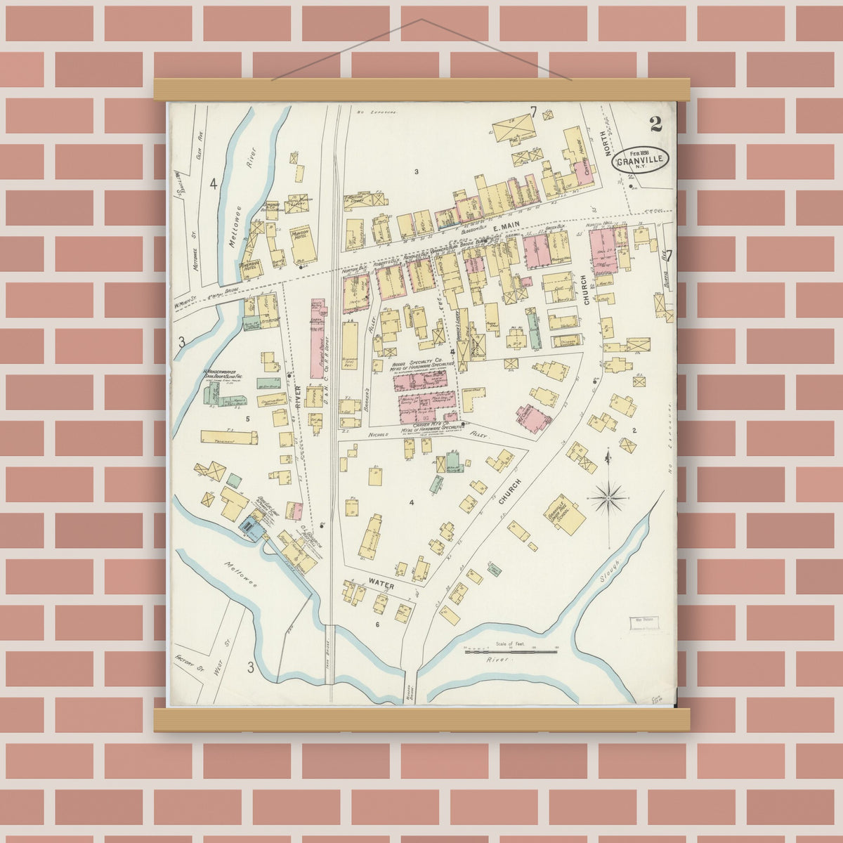 Old map wall art mockup — magnetic wood frame on brick wall — Sanborn Fire Insurance Map from Granville, Washington County, New York (1898), Sheet #0002