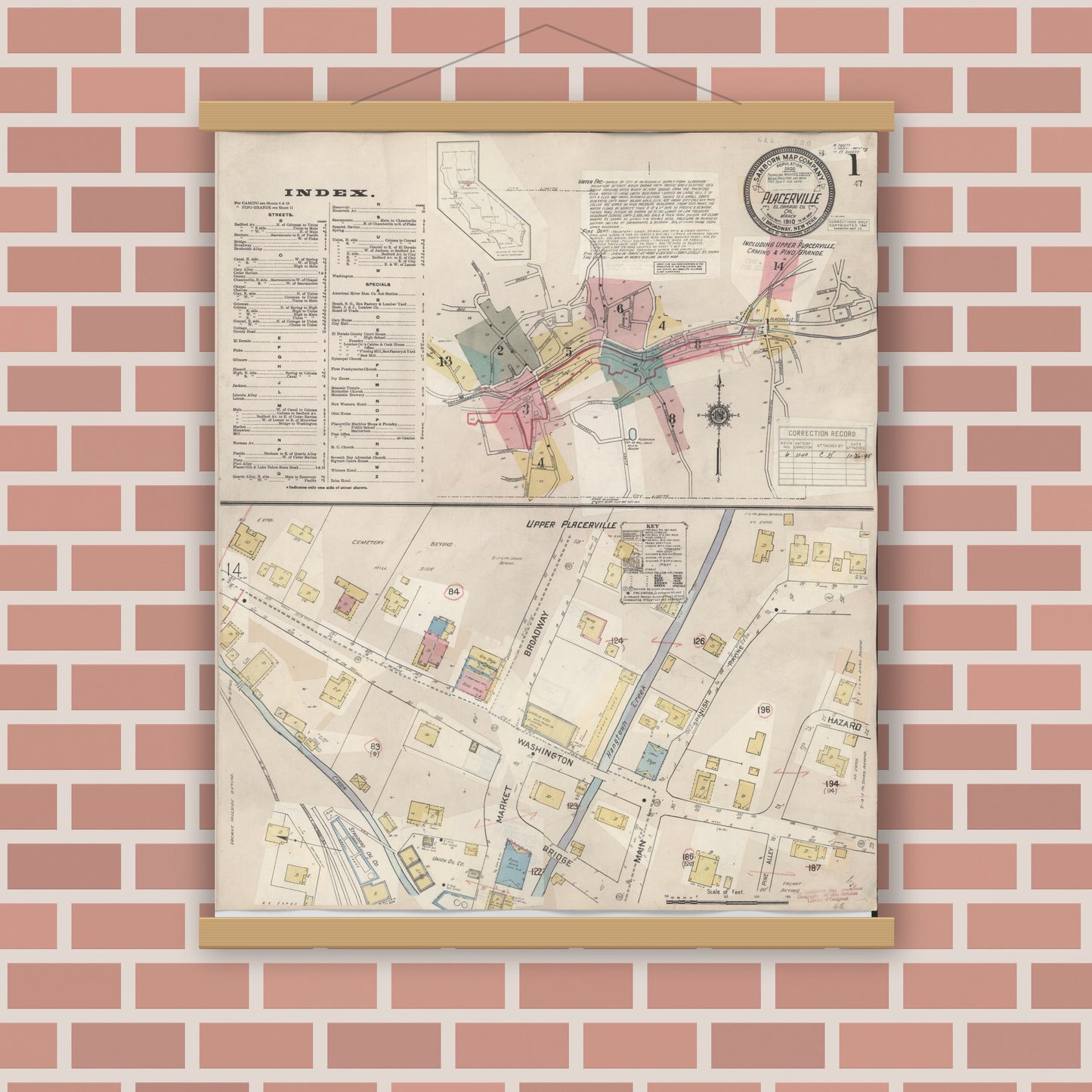 Old map wall art mockup — magnetic wood frame on brick wall — Sanborn Fire Insurance Map from Placerville, El Dorado County, California (1940) - Complete Map Set