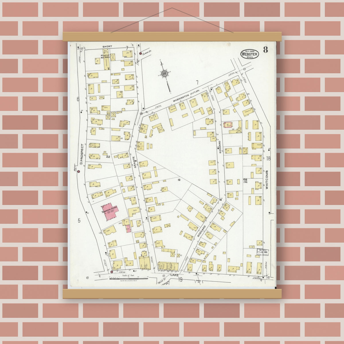 Old map wall art mockup — magnetic wood frame on brick wall — Sanborn Fire Insurance Map from Webster, Worcester County, Massachusetts (1920), Sheet #0008