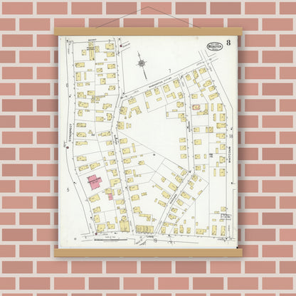 Old map wall art mockup — magnetic wood frame on brick wall — Sanborn Fire Insurance Map from Webster, Worcester County, Massachusetts (1920), Sheet #0008
