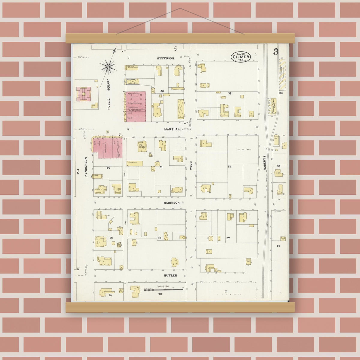 Old map wall art mockup — magnetic wood frame on brick wall — Sanborn Fire Insurance Map from Gilmer, Upshur County, Texas (1907), Sheet #0003