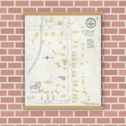 Old map wall art mockup — magnetic wood frame on brick wall — Sanborn Fire Insurance Map from Laurens, Otsego County, New York (1916) - Complete Map Set