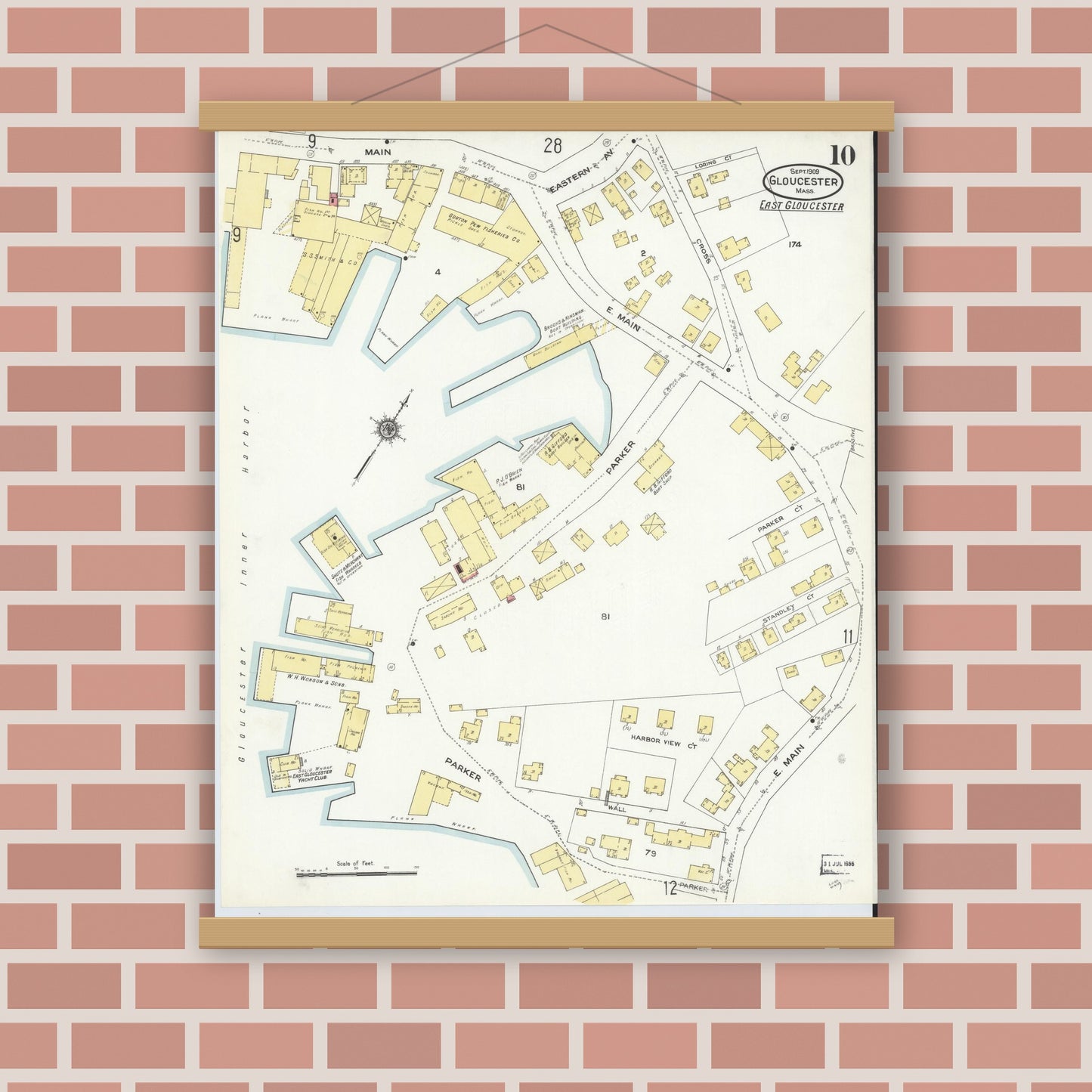 Old map wall art mockup — magnetic wood frame on brick wall — Sanborn Fire Insurance Map from Gloucester, Essex County, Massachusetts (1909), Sheet #0010