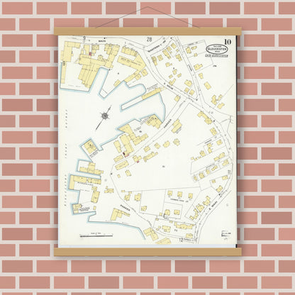 Old map wall art mockup — magnetic wood frame on brick wall — Sanborn Fire Insurance Map from Gloucester, Essex County, Massachusetts (1909), Sheet #0010