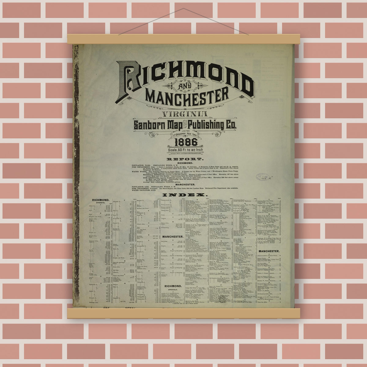 Old map wall art mockup — magnetic wood frame on brick wall — Sanborn Fire Insurance Map from Richmond, Independent Cities, Virginia (1886), Sheet #0001