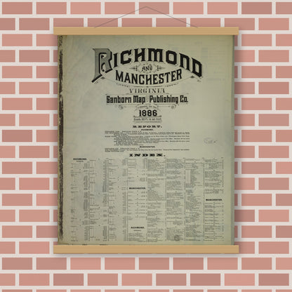 Old map wall art mockup — magnetic wood frame on brick wall — Sanborn Fire Insurance Map from Richmond, Independent Cities, Virginia (1886), Sheet #0001