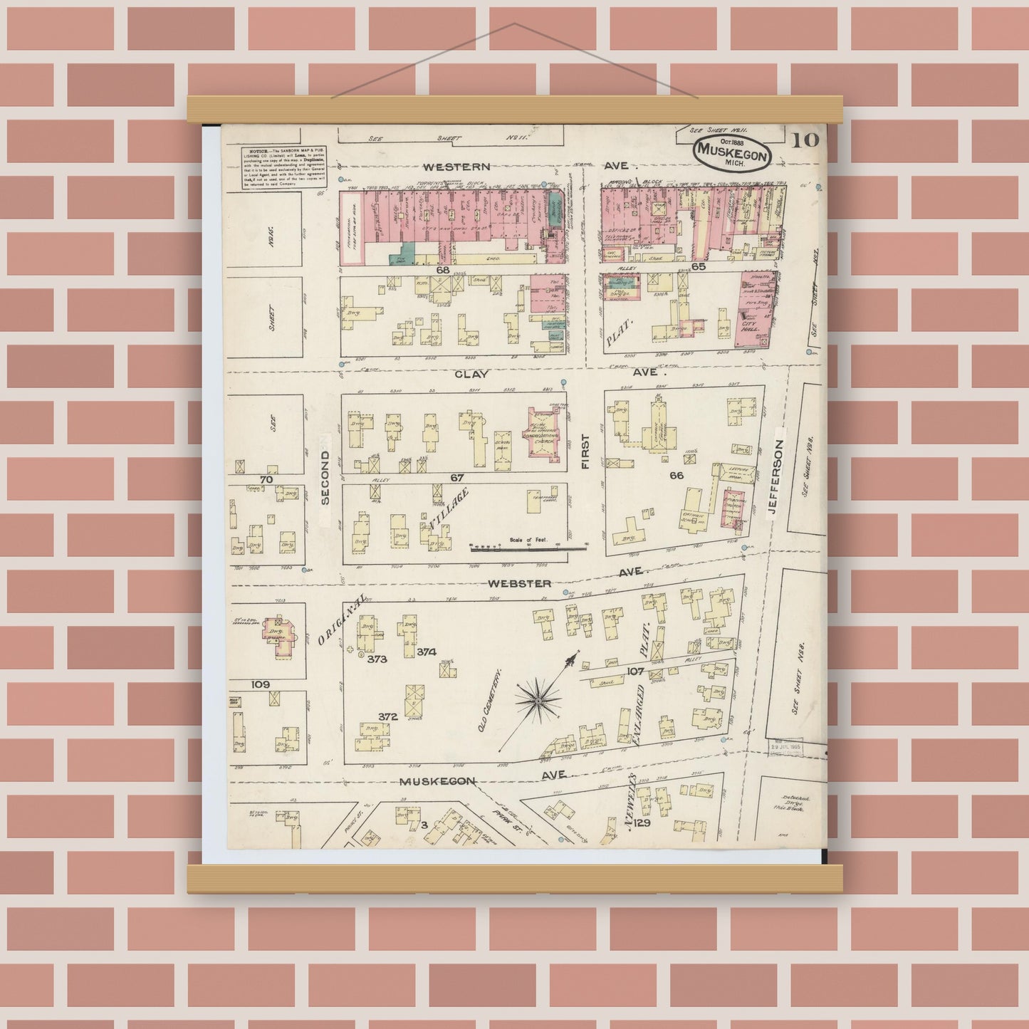Old map wall art mockup — magnetic wood frame on brick wall — Sanborn Fire Insurance Map from Muskegon, Muskegon County, Michigan (1883), Sheet #0010