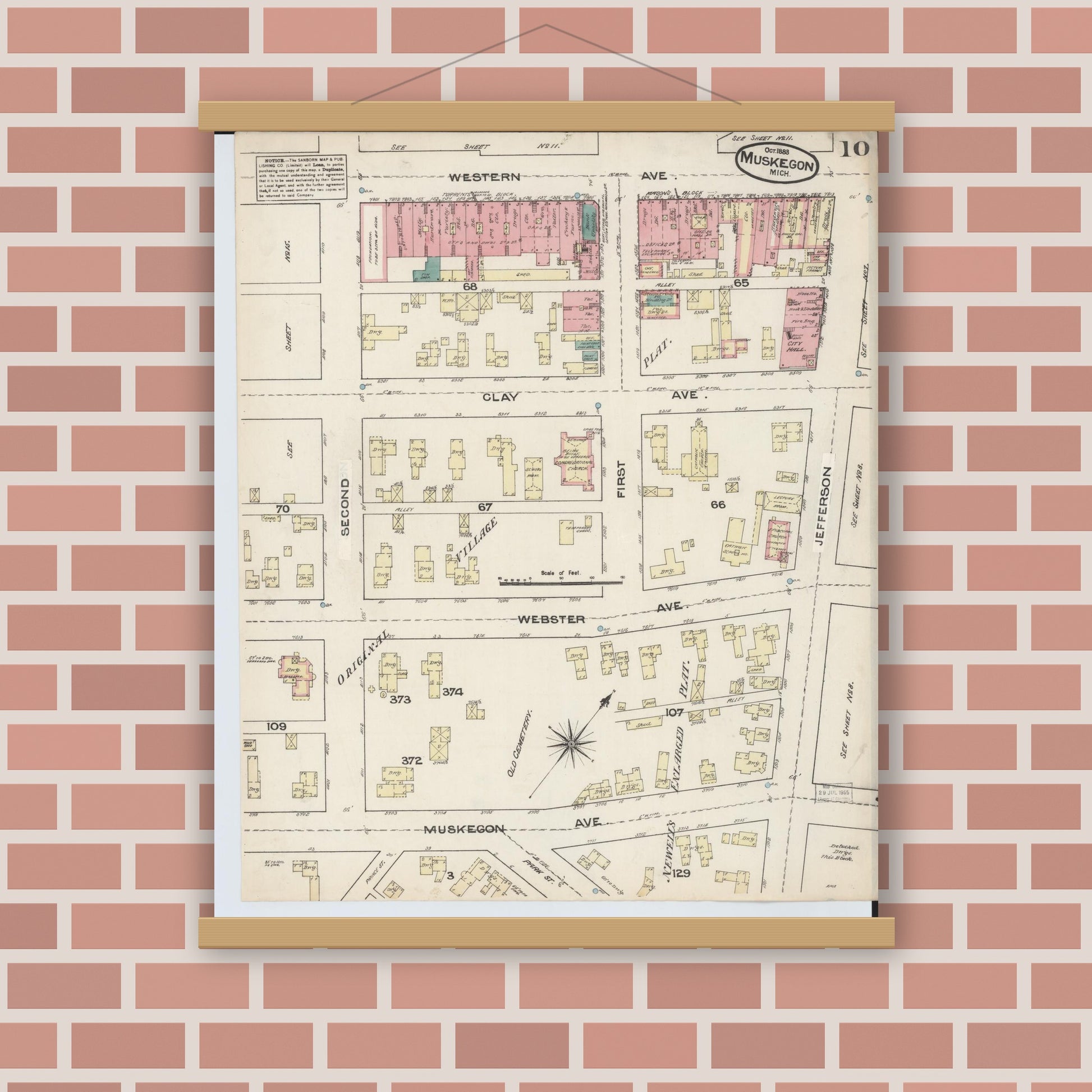 Old map wall art mockup — magnetic wood frame on brick wall — Sanborn Fire Insurance Map from Muskegon, Muskegon County, Michigan (1883), Sheet #0010