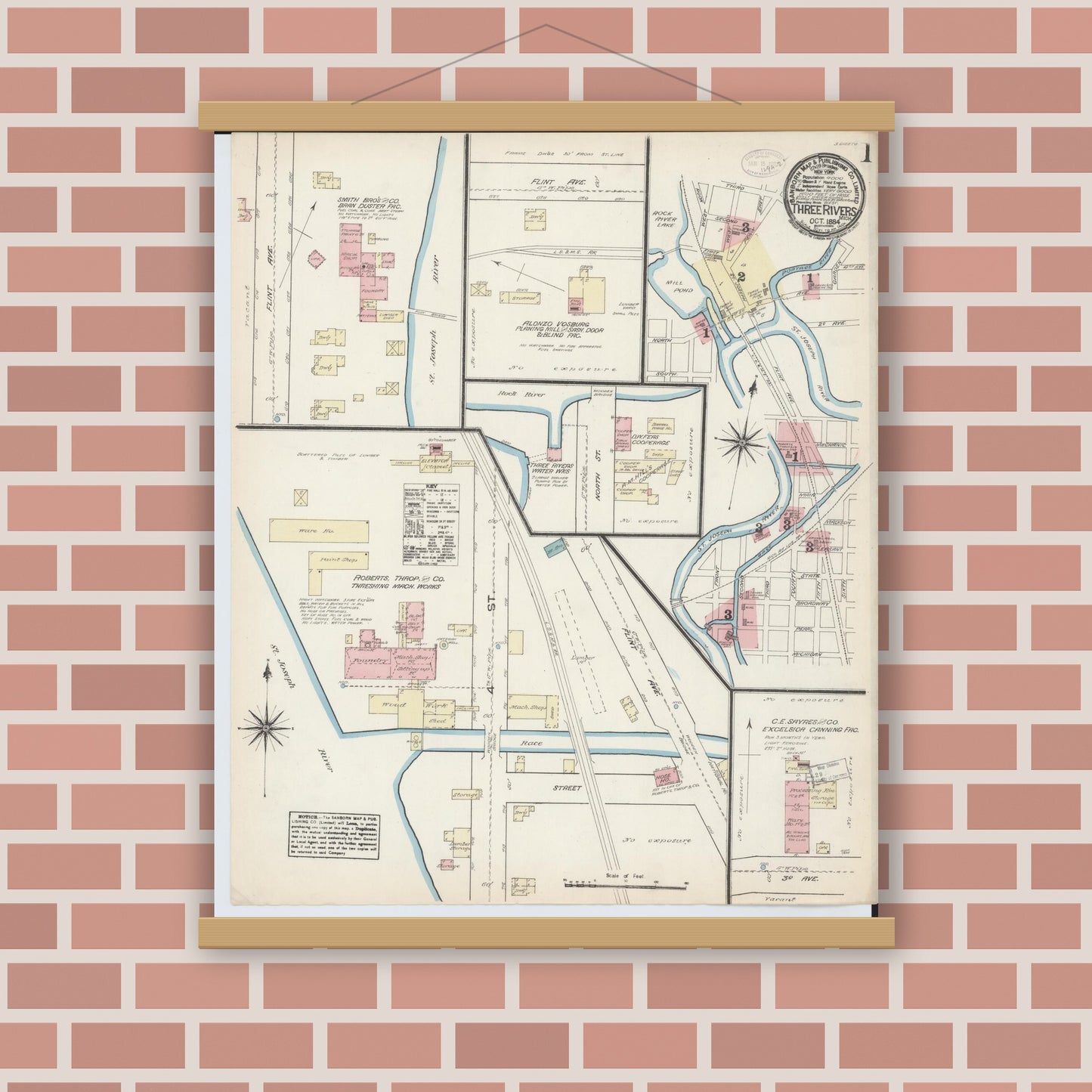 Old map wall art mockup — magnetic wood frame on brick wall — Sanborn Fire Insurance Map from Three Rivers, Saint Joseph County, Michigan (1884) - Complete Map Set
