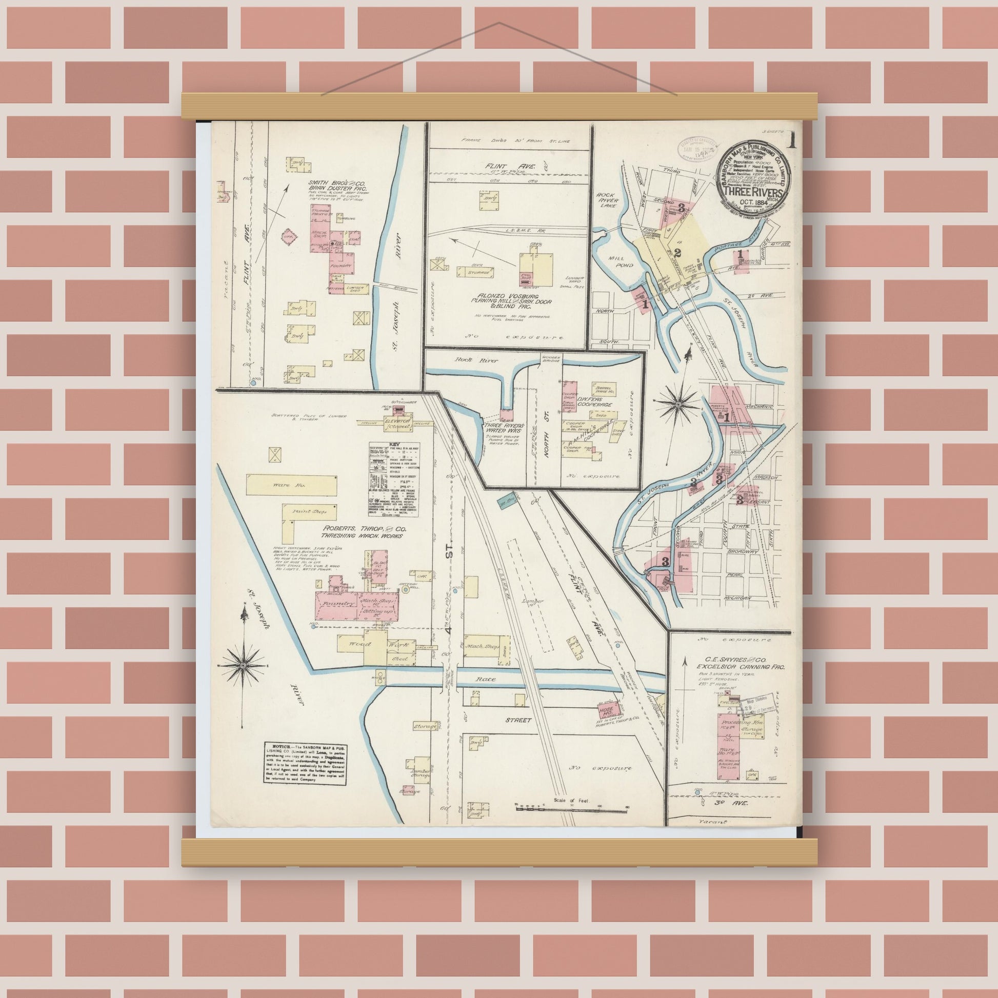 Old map wall art mockup — magnetic wood frame on brick wall — Sanborn Fire Insurance Map from Three Rivers, Saint Joseph County, Michigan (1884) - Complete Map Set