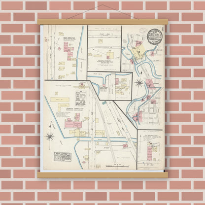 Old map wall art mockup — magnetic wood frame on brick wall — Sanborn Fire Insurance Map from Three Rivers, Saint Joseph County, Michigan (1884) - Complete Map Set