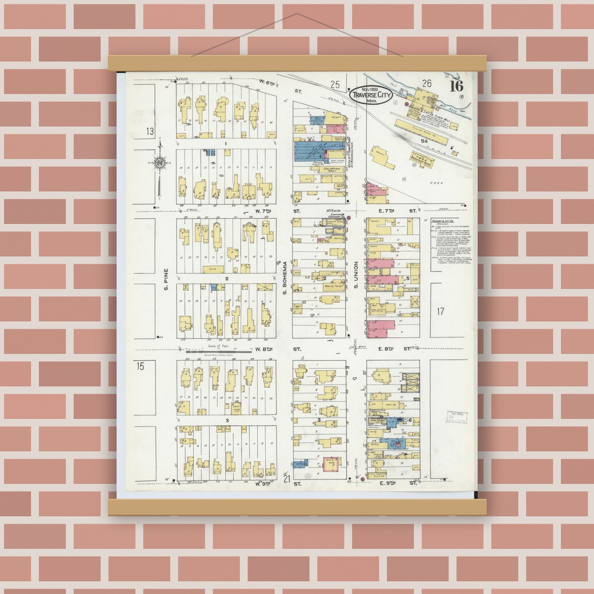Old map wall art mockup — magnetic wood frame on brick wall — Sanborn Fire Insurance Map from Traverse City, Grand Traverse County, Michigan (1920), Sheet #0016