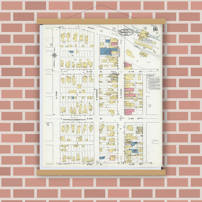 Old map wall art mockup — magnetic wood frame on brick wall — Sanborn Fire Insurance Map from Traverse City, Grand Traverse County, Michigan (1920), Sheet #0016