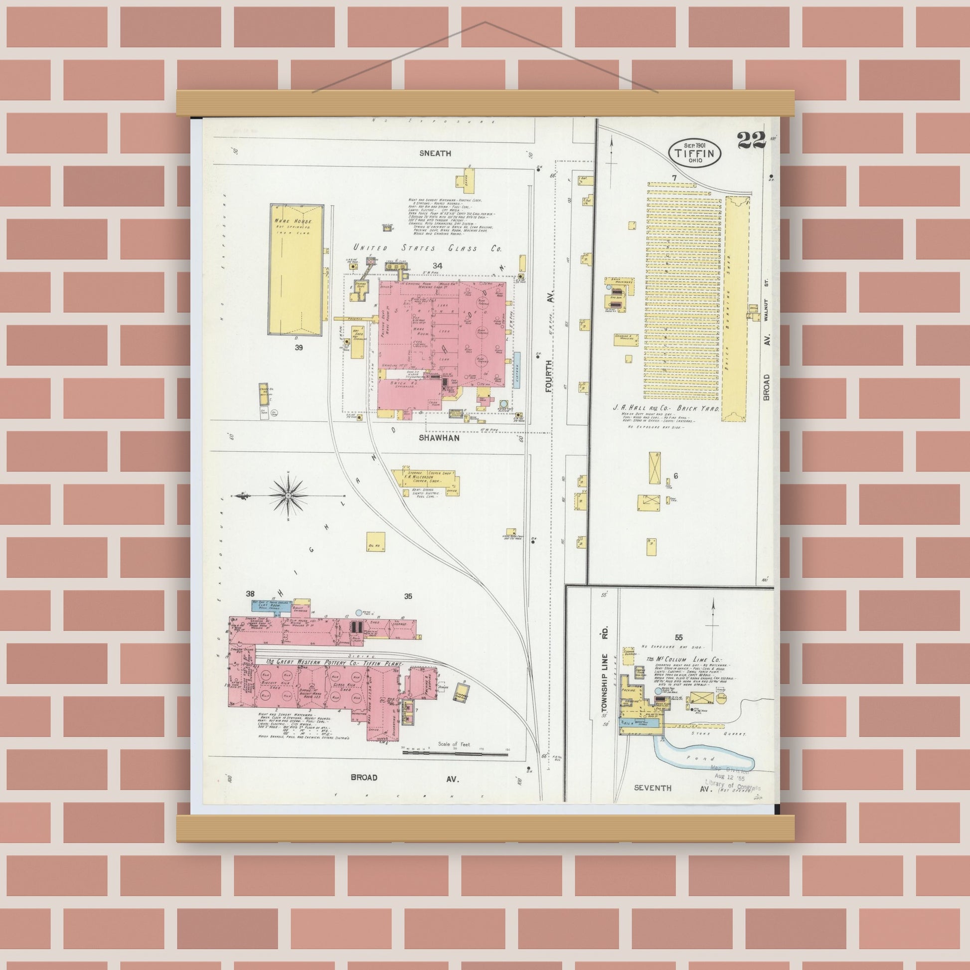 Old map wall art mockup — magnetic wood frame on brick wall — Sanborn Fire Insurance Map from Tiffin, Seneca County, Ohio (1901), Sheet #0022