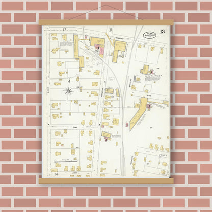 Old map wall art mockup — magnetic wood frame on brick wall — Sanborn Fire Insurance Map from High Point, Guilford County, North Carolina (1906), Sheet #0013