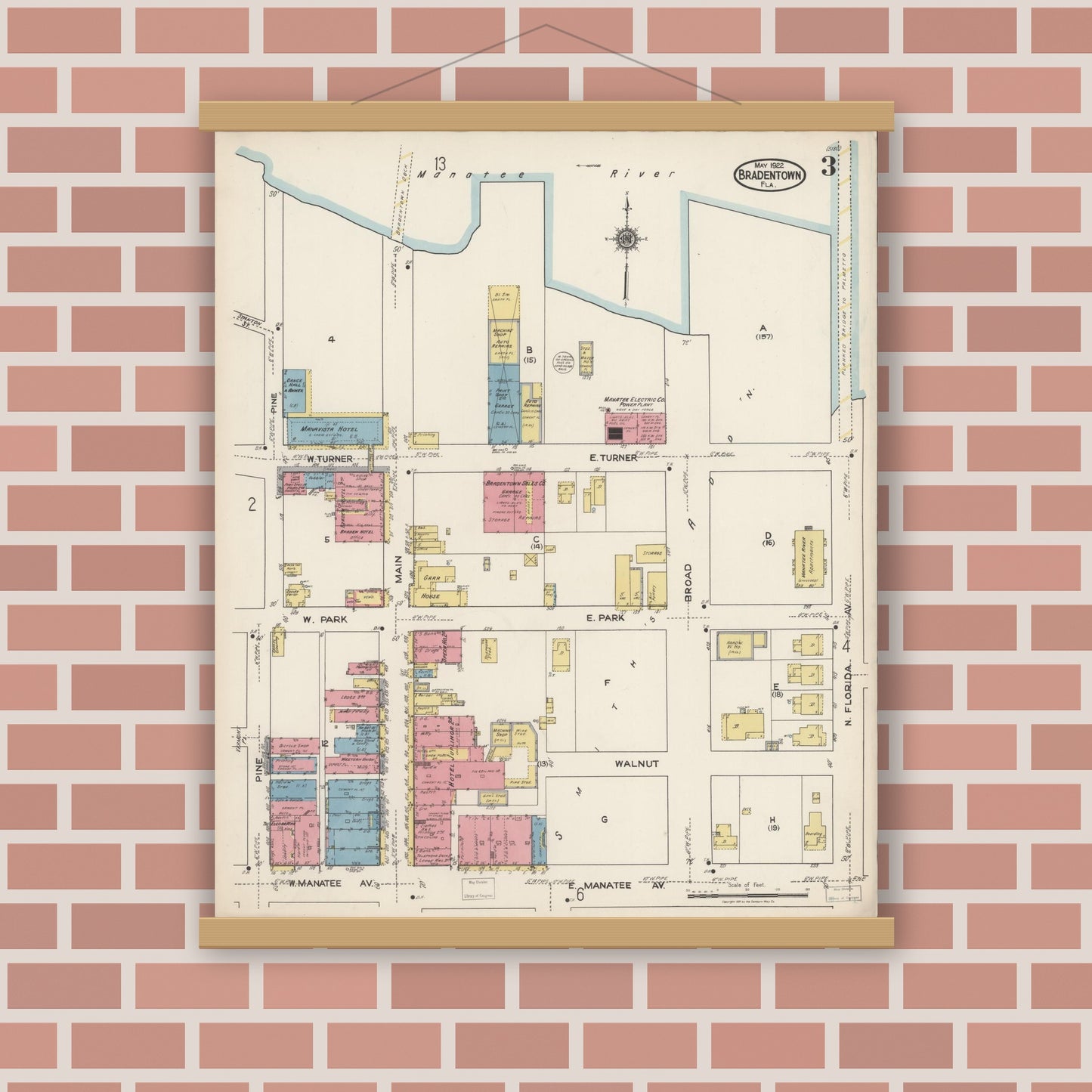 Old map wall art mockup — magnetic wood frame on brick wall — Sanborn Fire Insurance Map from Bradentown, Manatee County, Florida (1922), Sheet #0003