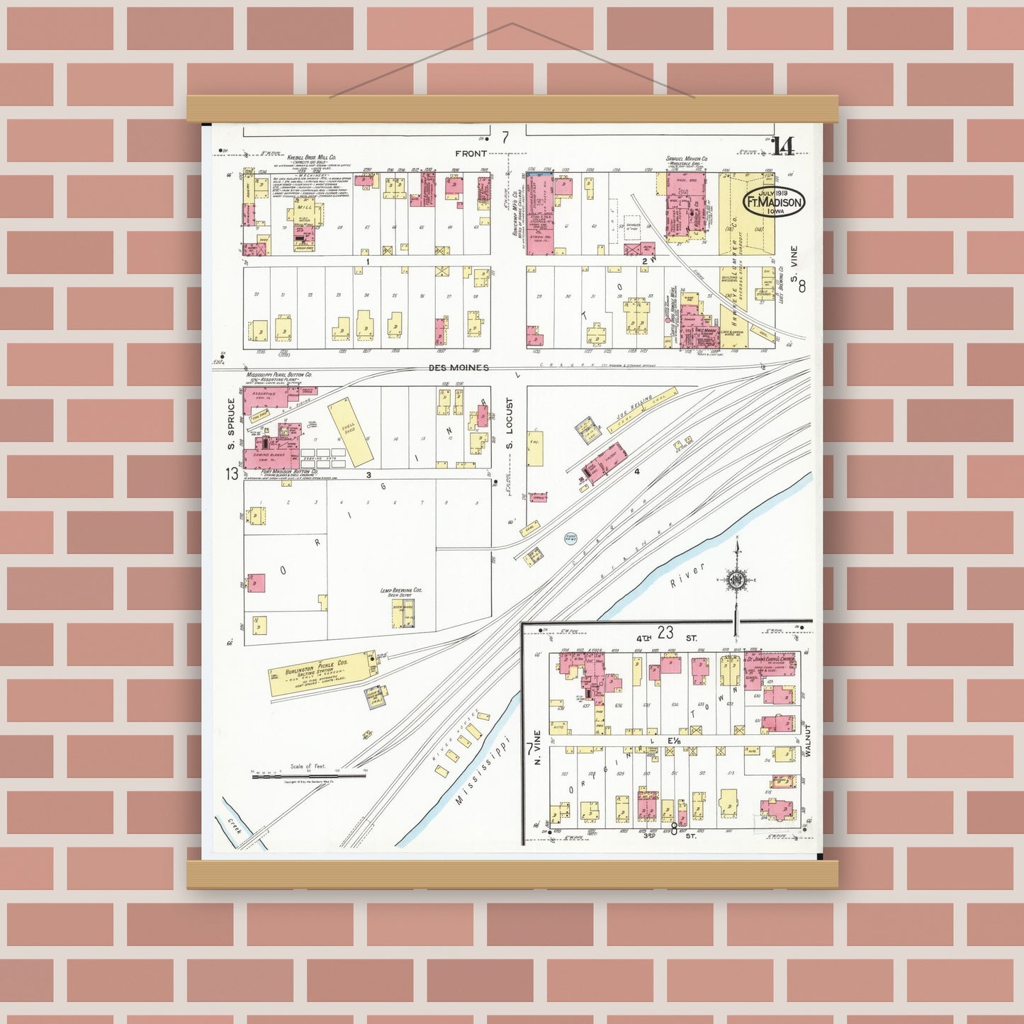 Old map wall art mockup — magnetic wood frame on brick wall — Sanborn Fire Insurance Map from Fort Madison, Lee County, Iowa (1919), Sheet #0014