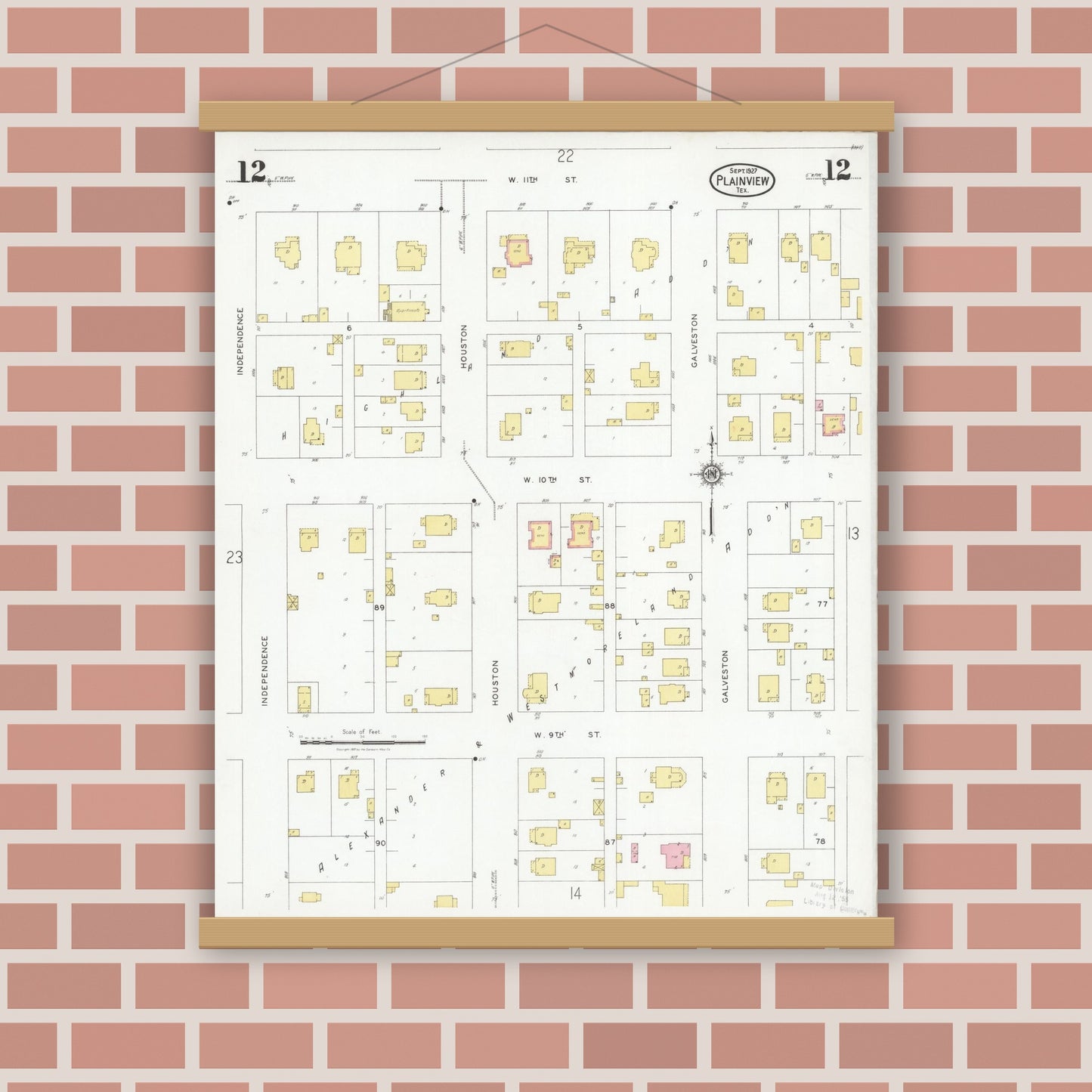 Old map wall art mockup — magnetic wood frame on brick wall — Sanborn Fire Insurance Map from Plainview, Hale County, Texas (1927), Sheet #0012