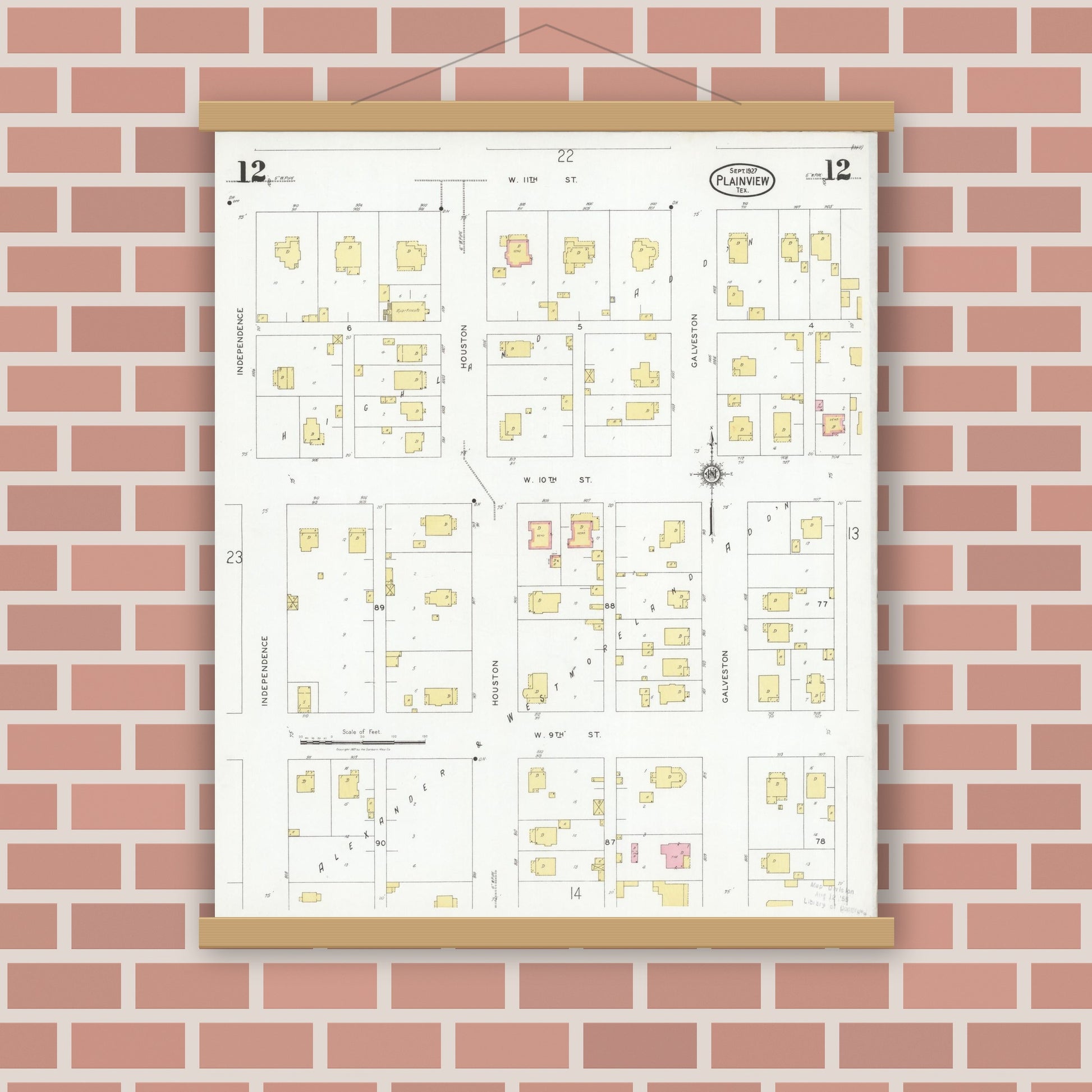 Old map wall art mockup — magnetic wood frame on brick wall — Sanborn Fire Insurance Map from Plainview, Hale County, Texas (1927), Sheet #0012