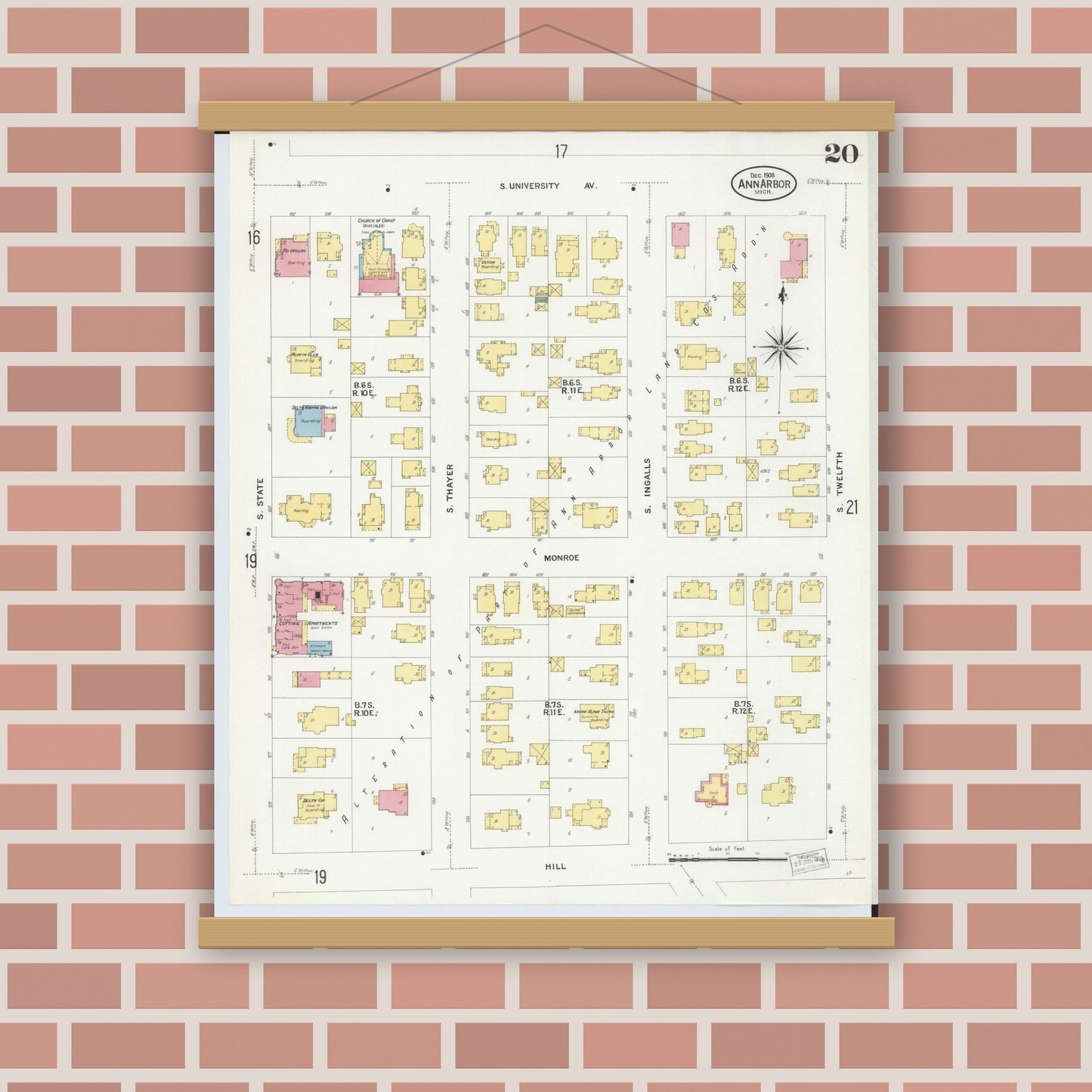 Old map wall art mockup — magnetic wood frame on brick wall — Sanborn Fire Insurance Map from Ann Arbor, Washtenaw County, Michigan (1908), Sheet #0020