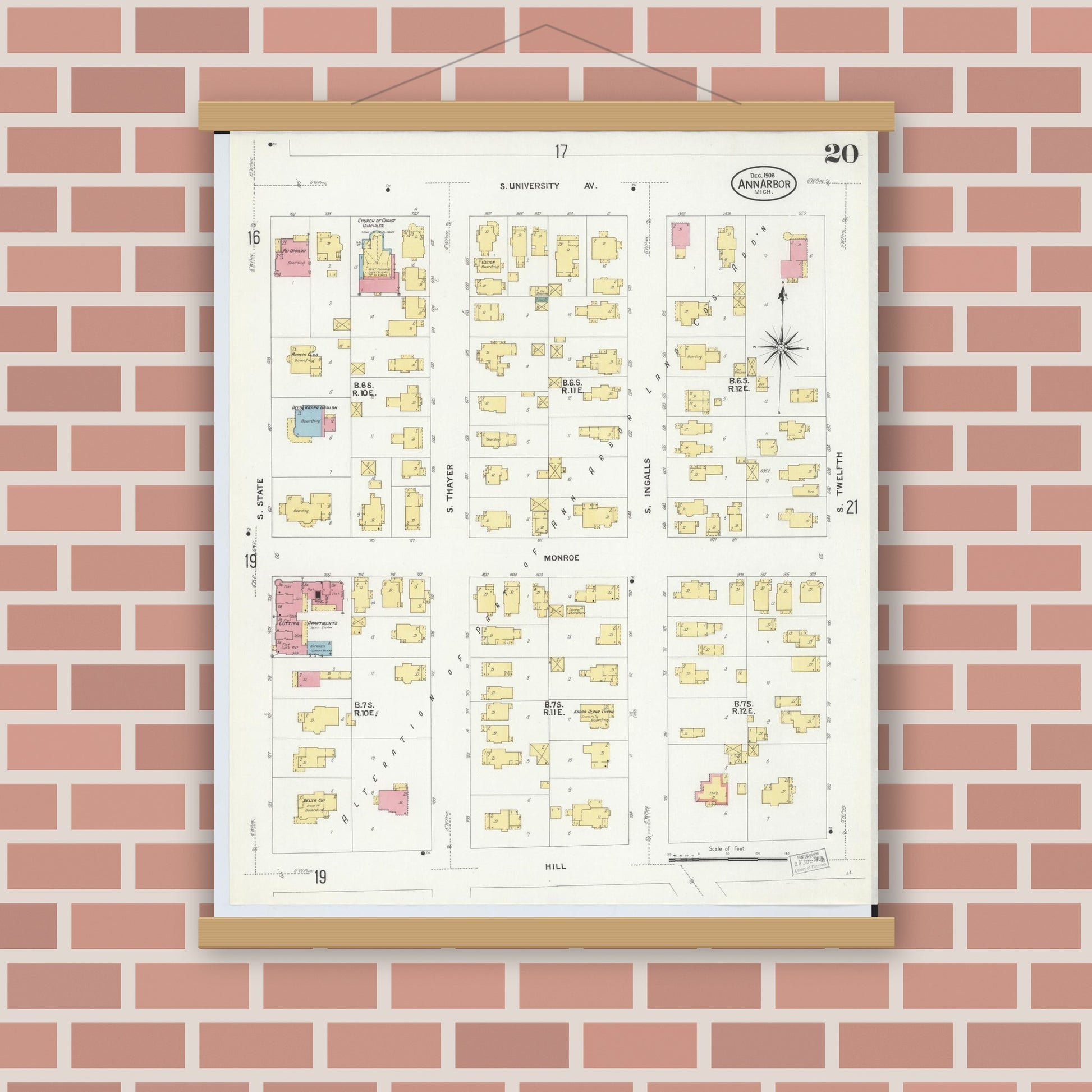 Old map wall art mockup — magnetic wood frame on brick wall — Sanborn Fire Insurance Map from Ann Arbor, Washtenaw County, Michigan (1908), Sheet #0020