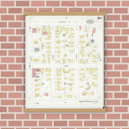 Old map wall art mockup — magnetic wood frame on brick wall — Sanborn Fire Insurance Map from Ann Arbor, Washtenaw County, Michigan (1908), Sheet #0020