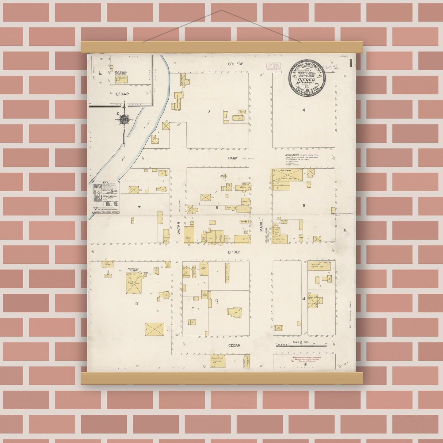 Old map wall art mockup — magnetic wood frame on brick wall — Sanborn Fire Insurance Map from Bieber, Lassen County, California (1912), Sheet #0001