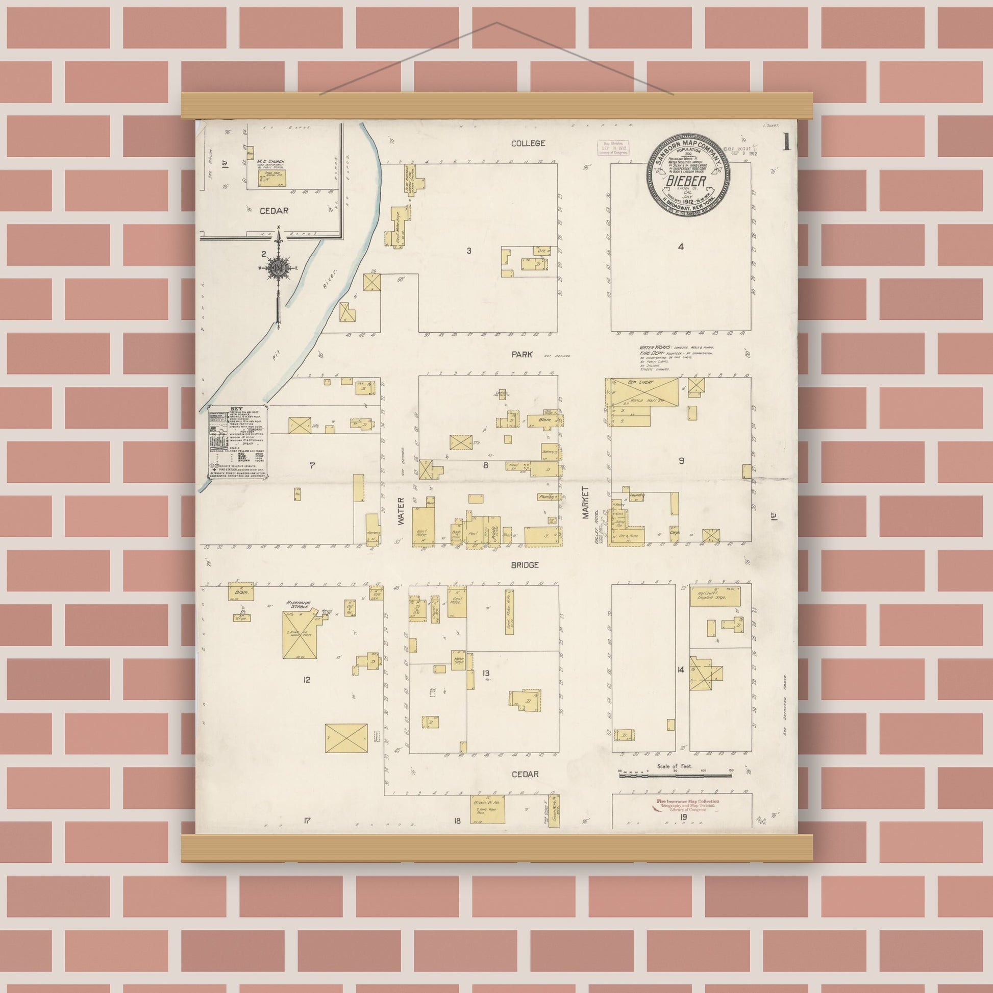 Old map wall art mockup — magnetic wood frame on brick wall — Sanborn Fire Insurance Map from Bieber, Lassen County, California (1912), Sheet #0001