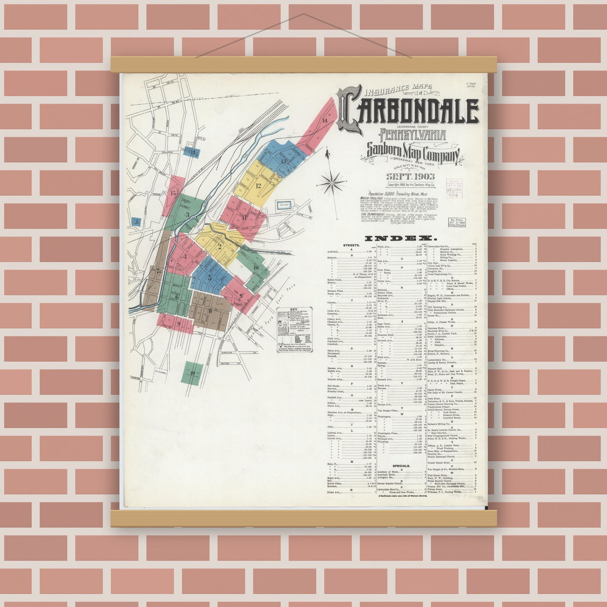 Old map wall art mockup — magnetic wood frame on brick wall — Sanborn Fire Insurance Map from Carbondale, Lackawanna County, Pennsylvania (1903) - Complete Map Set