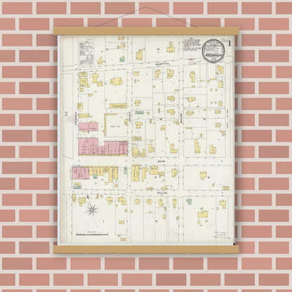 Old map wall art mockup — magnetic wood frame on brick wall — Sanborn Fire Insurance Map from Nacogdoches, Nacogdoches County, Texas (1896), Sheet #0001