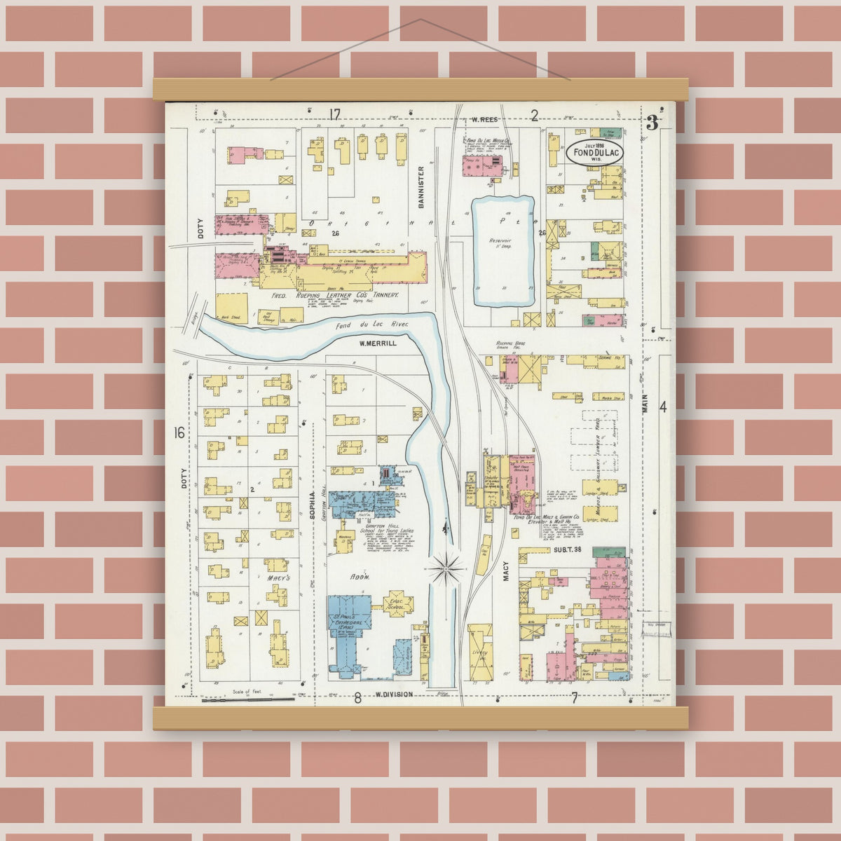 Old map wall art mockup — magnetic wood frame on brick wall — Sanborn Fire Insurance Map from Fond du Lac, Fond du Lac County, Wisconsin (1898), Sheet #0003
