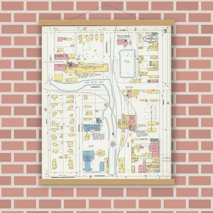 Old map wall art mockup — magnetic wood frame on brick wall — Sanborn Fire Insurance Map from Fond du Lac, Fond du Lac County, Wisconsin (1898), Sheet #0003