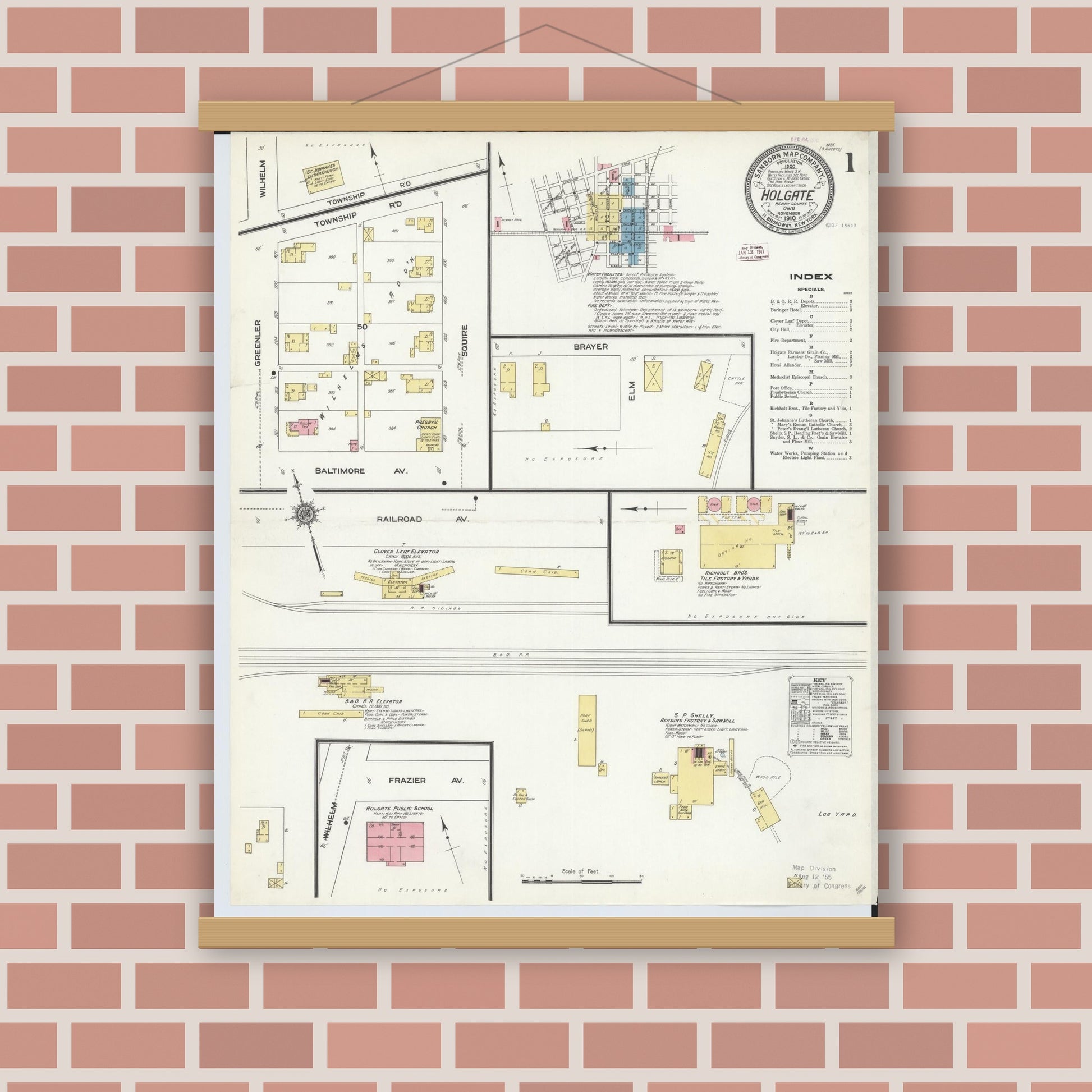 Old map wall art mockup — magnetic wood frame on brick wall — Sanborn Fire Insurance Map from Holgate, Henry County, Ohio (1910), Sheet #0001