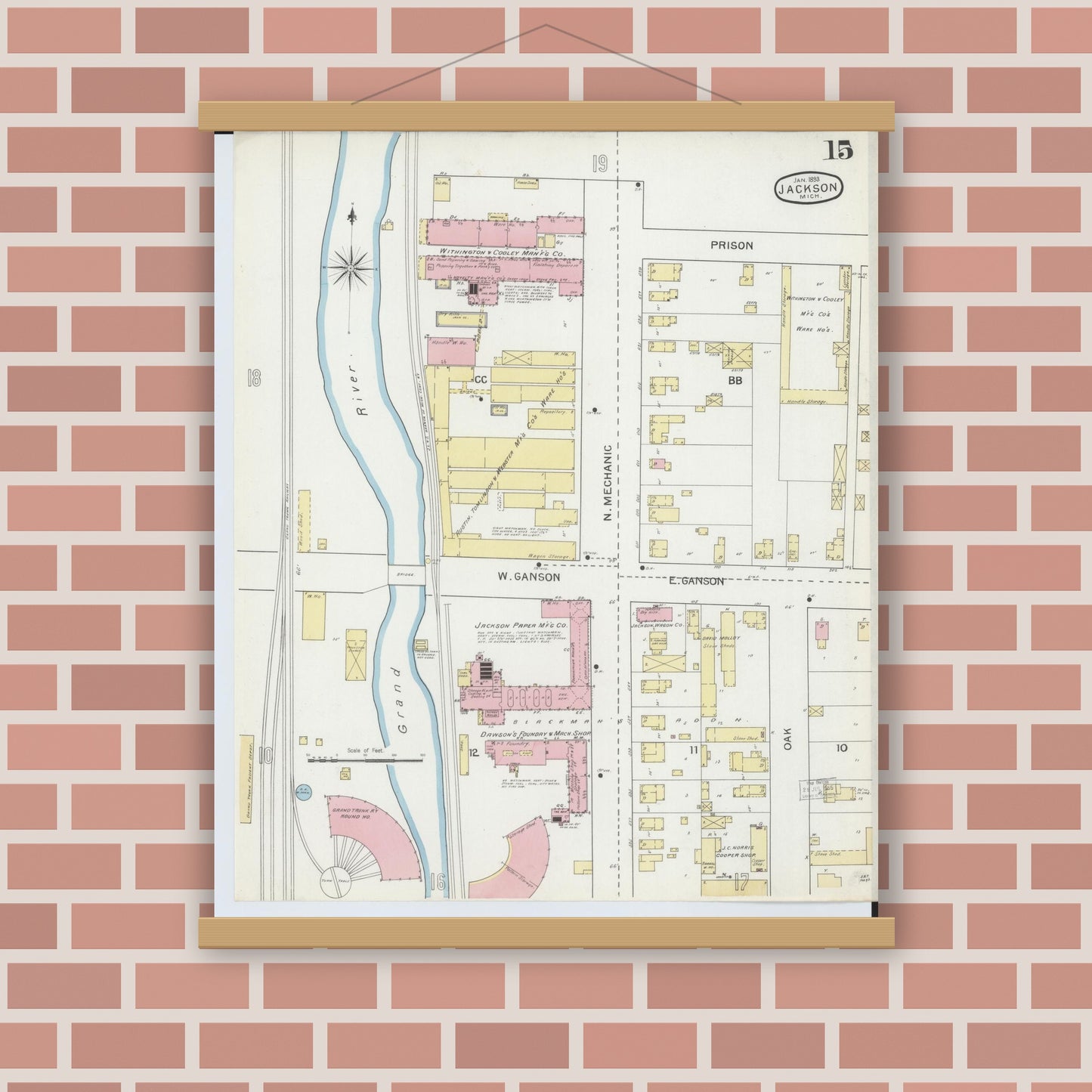 Old map wall art mockup — magnetic wood frame on brick wall — Sanborn Fire Insurance Map from Jackson, Jackson County, Michigan (1893), Sheet #0015