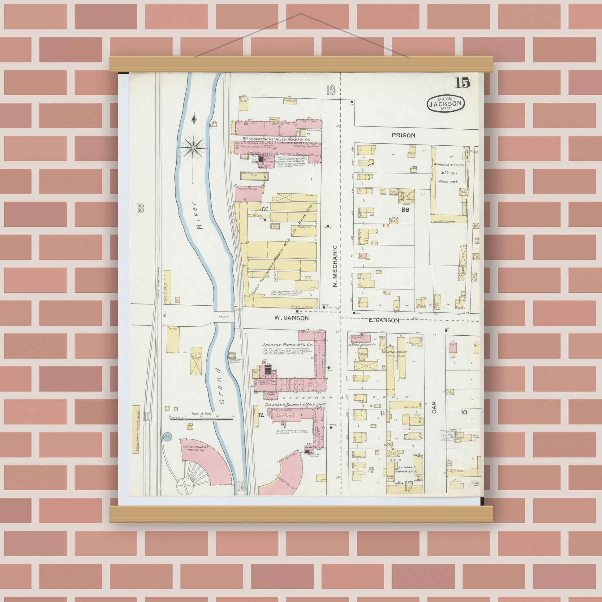 Old map wall art mockup — magnetic wood frame on brick wall — Sanborn Fire Insurance Map from Jackson, Jackson County, Michigan (1893), Sheet #0015