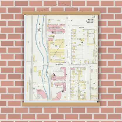 Old map wall art mockup — magnetic wood frame on brick wall — Sanborn Fire Insurance Map from Jackson, Jackson County, Michigan (1893), Sheet #0015