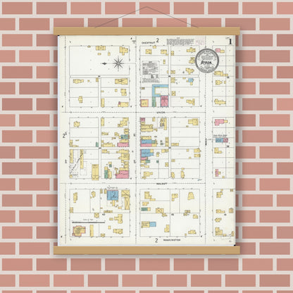 Old map wall art mockup — magnetic wood frame on brick wall — Sanborn Fire Insurance Map from Byron, Ogle County, Illinois (1904) - Complete Map Set