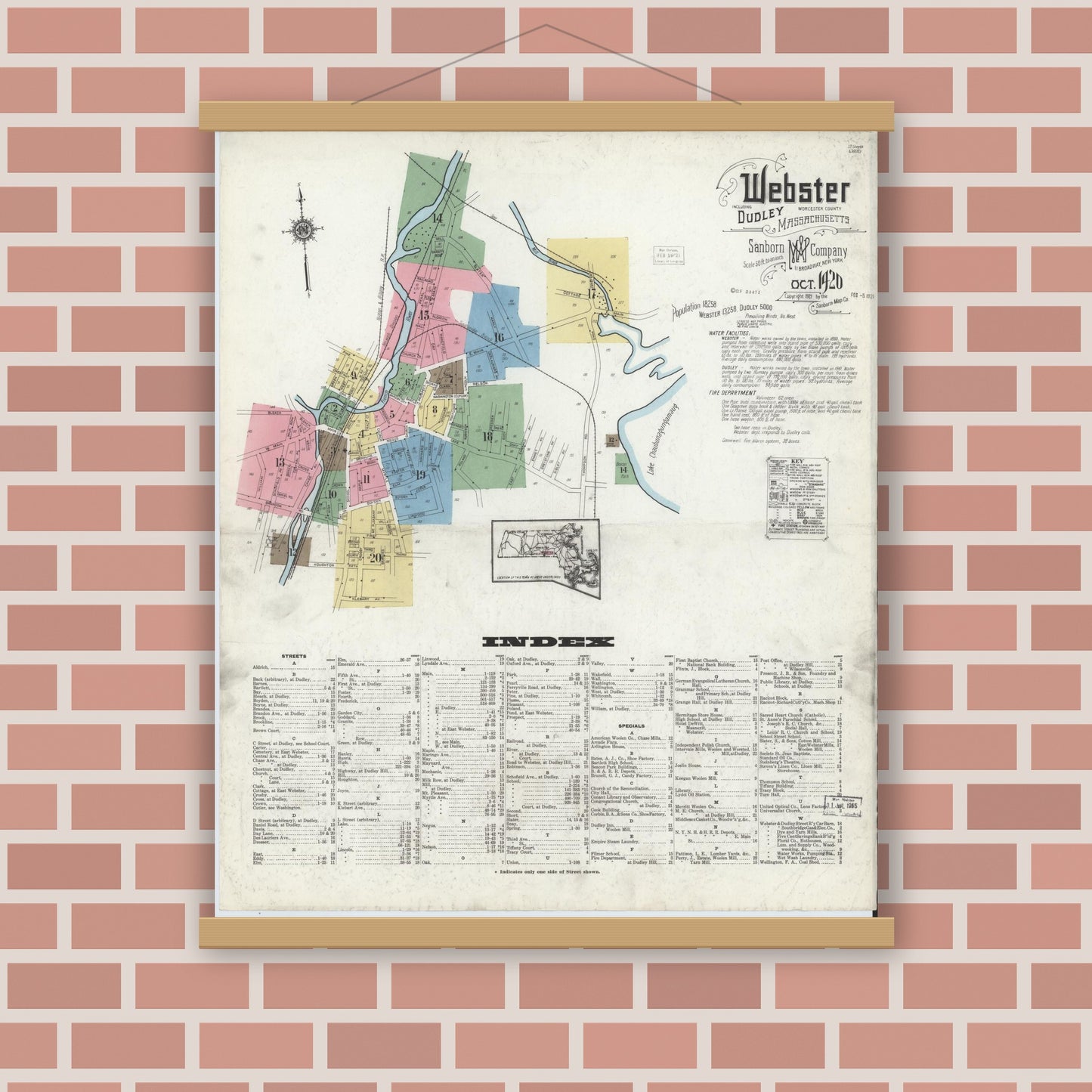 Old map wall art mockup — magnetic wood frame on brick wall — Sanborn Fire Insurance Map from Webster, Worcester County, Massachusetts (1920), Sheet #0001