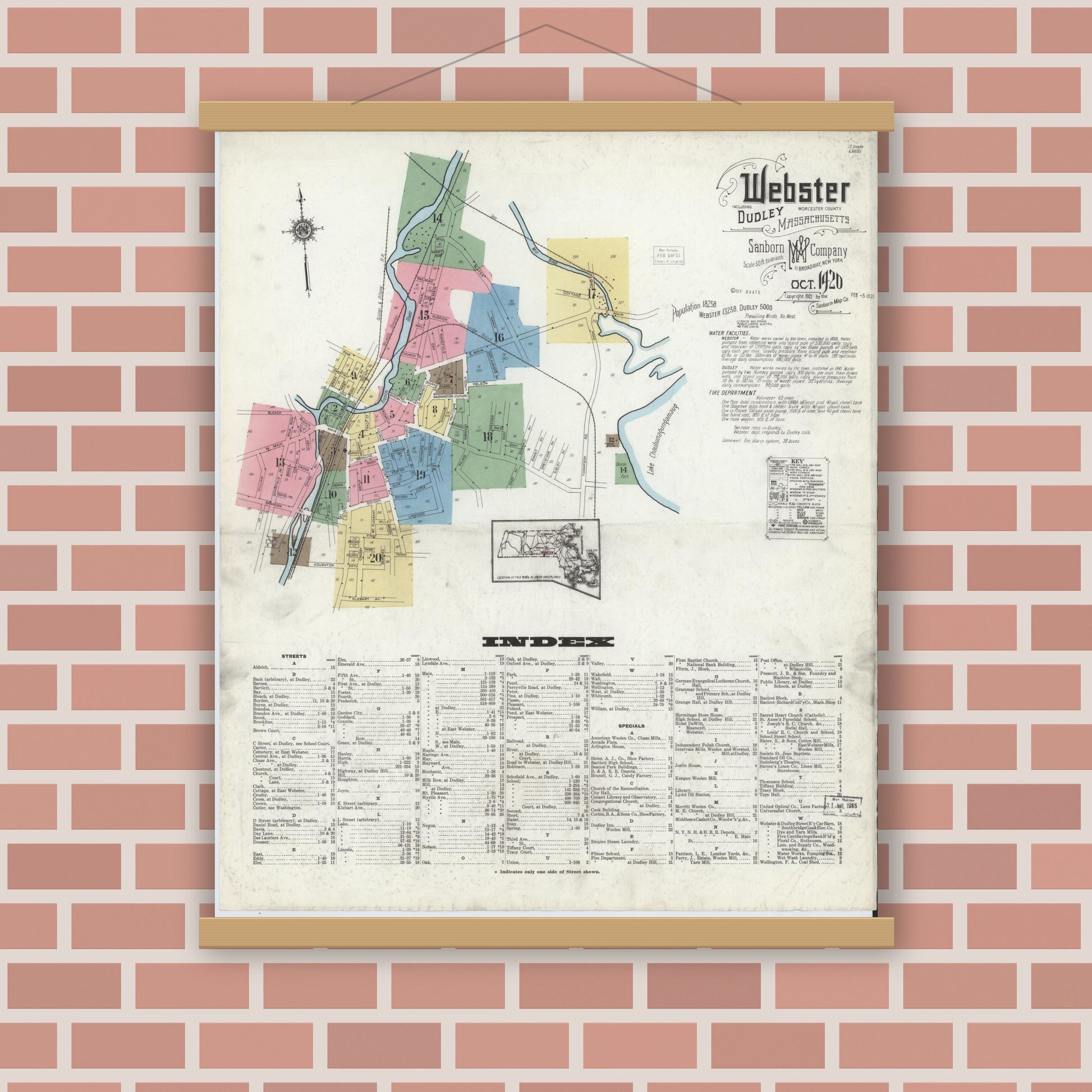 Old map wall art mockup — magnetic wood frame on brick wall — Sanborn Fire Insurance Map from Webster, Worcester County, Massachusetts (1920), Sheet #0001