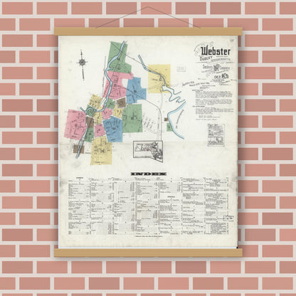 Old map wall art mockup — magnetic wood frame on brick wall — Sanborn Fire Insurance Map from Webster, Worcester County, Massachusetts (1920), Sheet #0001