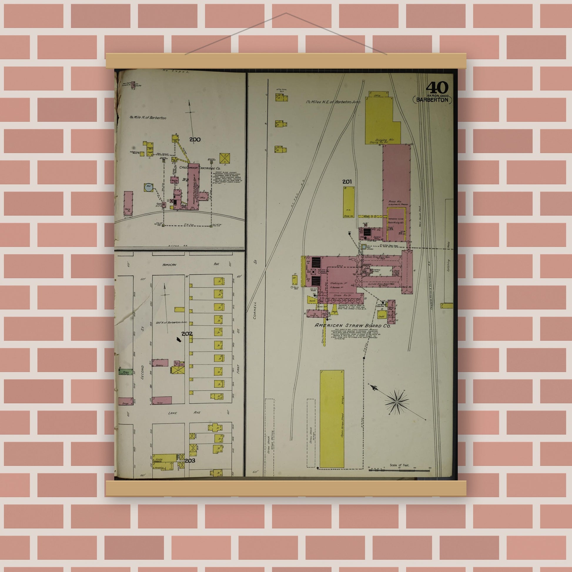 Old map wall art mockup — magnetic wood frame on brick wall — Sanborn Fire Insurance Map from Akron, Summit County, Ohio (1892), Sheet #0040