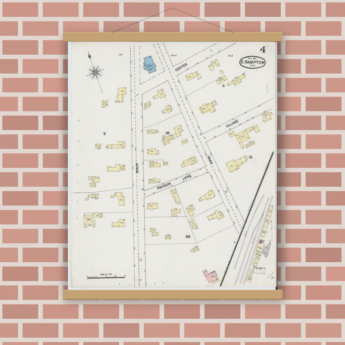 Old map wall art mockup — magnetic wood frame on brick wall — Sanborn Fire Insurance Map from East Hampton, Hampshire County, Massachusetts (1889), Sheet #0004